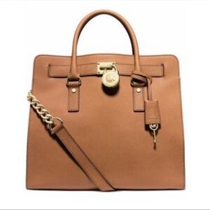 Michael Kors- 100% Brown Leather Large Hamilton Hand Bag with Gold Metal